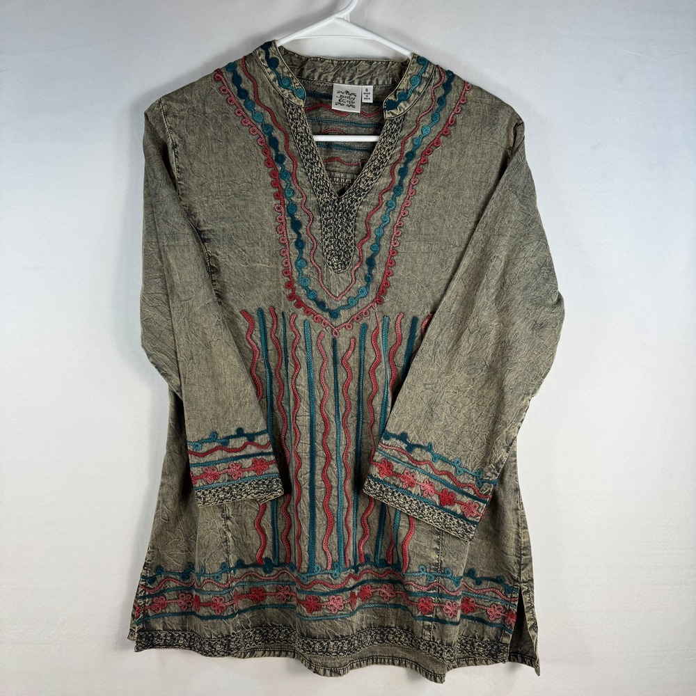Parsley & Sage Womens Small Olive Green Acid Wash Embroidered Boho Tunic Top - Picture 3 of 8